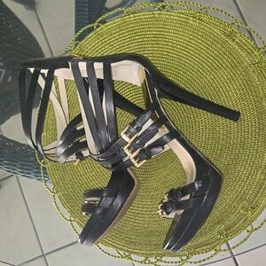 High heel slight platform MK leather strappy black shoes.